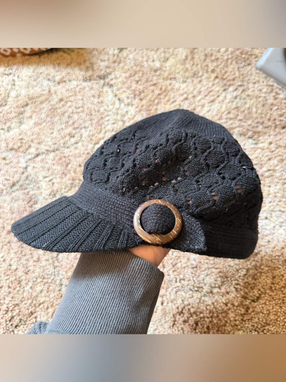 y2k Black Knit Bucket Hat with Brown Accent Ring